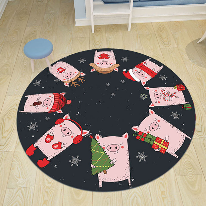 BowLift | Children's room rug in black and blue animal pig rabbit jellyfish print rug polyester stain-resistant rug