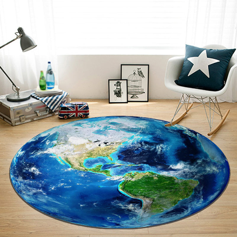 BowLift | Blue rug for the children's room space planet galaxy airplane pattern area rug polyester non-slip rug