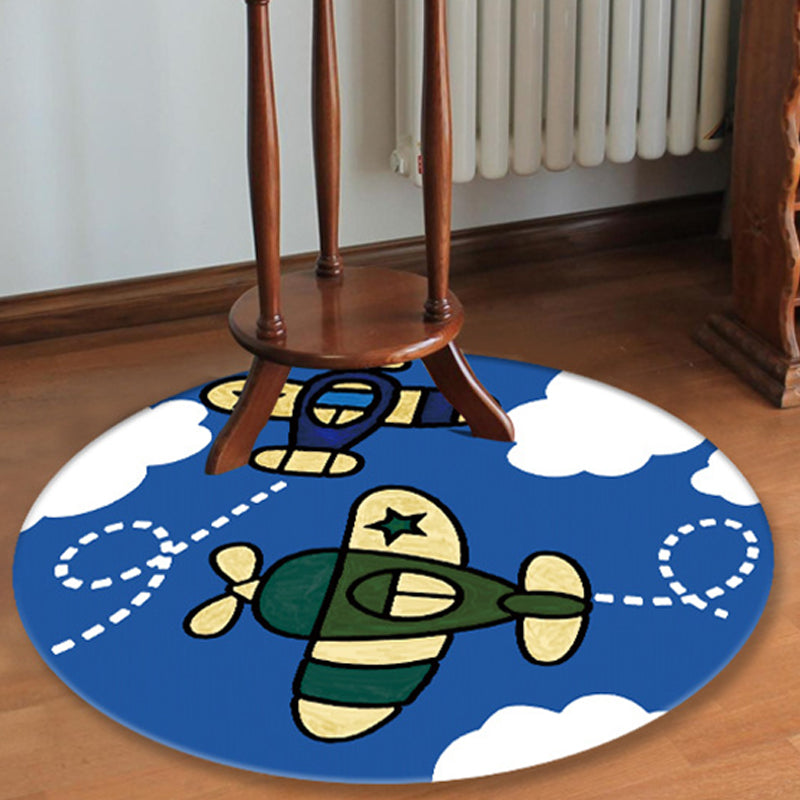 BowLift | Blue rug for the children's room space planet galaxy airplane pattern area rug polyester non-slip rug