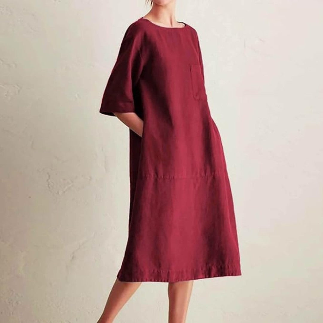 Knee-Length Linen Dress with Chest Pocket