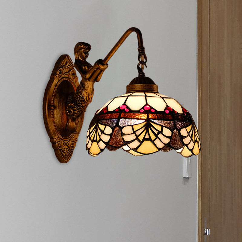 BowLift | 1 Head Scalloped Dome Wall Lamp Tiffany Gold Cut Glass Wall Lamp with Mermaid/Swinging Arm