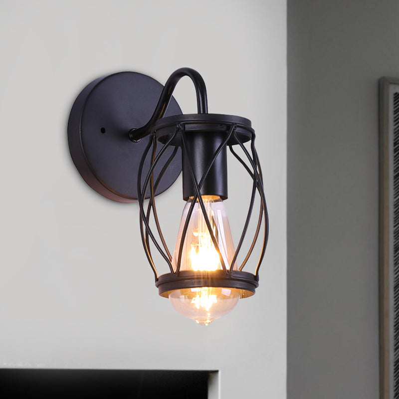 BowLift | Waist Drum Frame Restaurant Wall Lamp Vintage Metallic 1 Light Black Wall Mounting Lighting Fixture