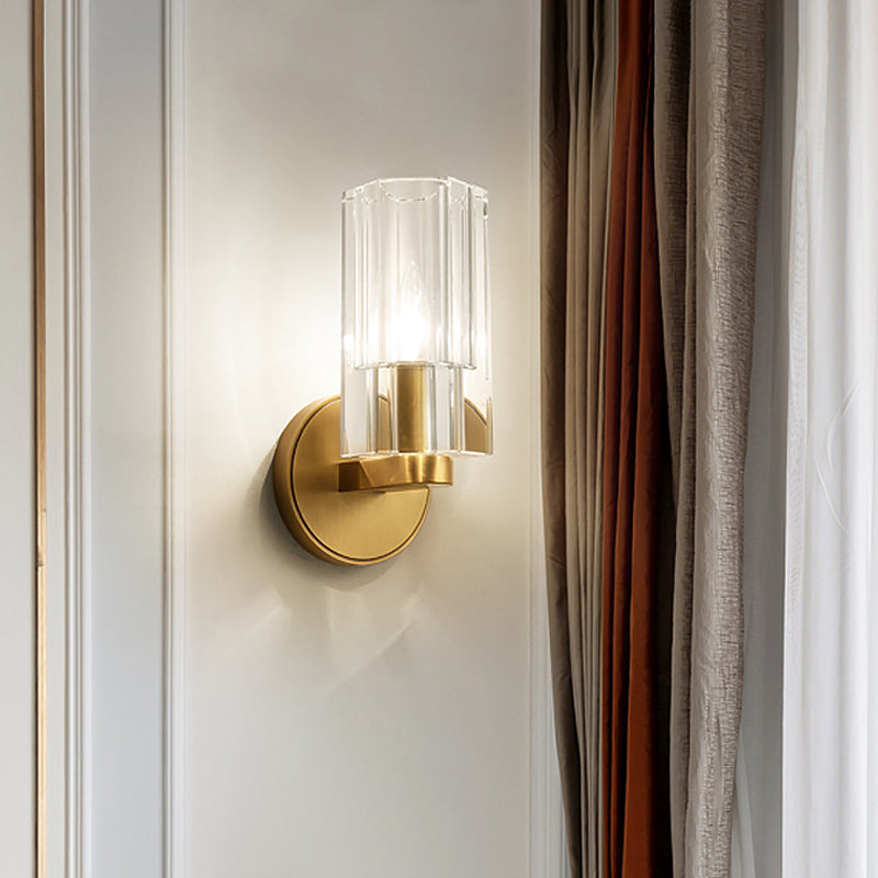 BowLift | 1 Head Nightstand Wall Lighting Ideas Modern Brass Wall Mount Lamp with Cylindrical K9 Crystal Shade