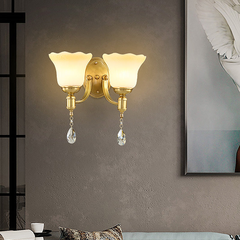 BowLift | Blossom Opaque Glass Wall Lamp Retro Style 1/2-Cup Gold Wall Lighting Ideas with Crystal Drop