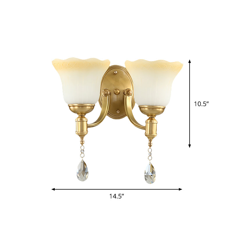 BowLift | Blossom Opaque Glass Wall Lamp Retro Style 1/2-Cup Gold Wall Lighting Ideas with Crystal Drop