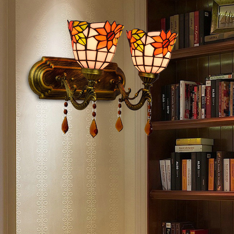 BowLift | 2 Light Bowls Wall Sconce Lighting Tiffany Stained Glass Wall Lighting with Crystal in Pink/Brown/Orange