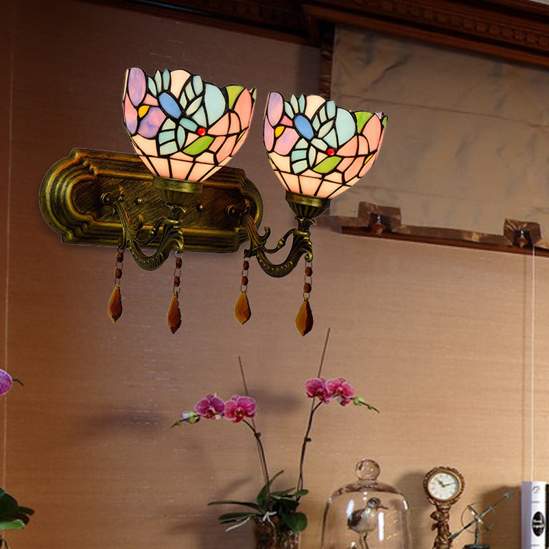BowLift | 2 Light Bowls Wall Sconce Lighting Tiffany Stained Glass Wall Lighting with Crystal in Pink/Brown/Orange