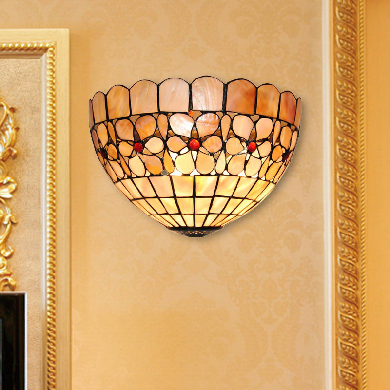 BowLift | 1 Light Floral Wall Lamp Tiffany Shell Wall Mount Light in Beige for Stairs