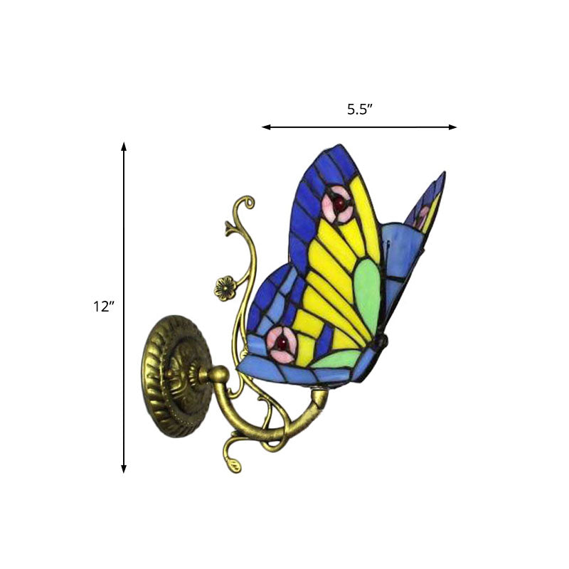 BowLift | 1 Light Mini Wall Lamp with Butterfly Rustic Loft Style Yellow Glass Wall Mount Light in Blue/Orange