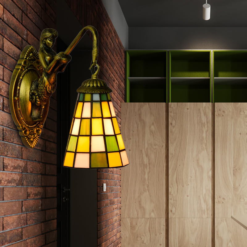 BowLift | 1 Main Element Wall Lamp Tiffany Grid Pattern Blue/Green Glass Wall Lamp for Hallway