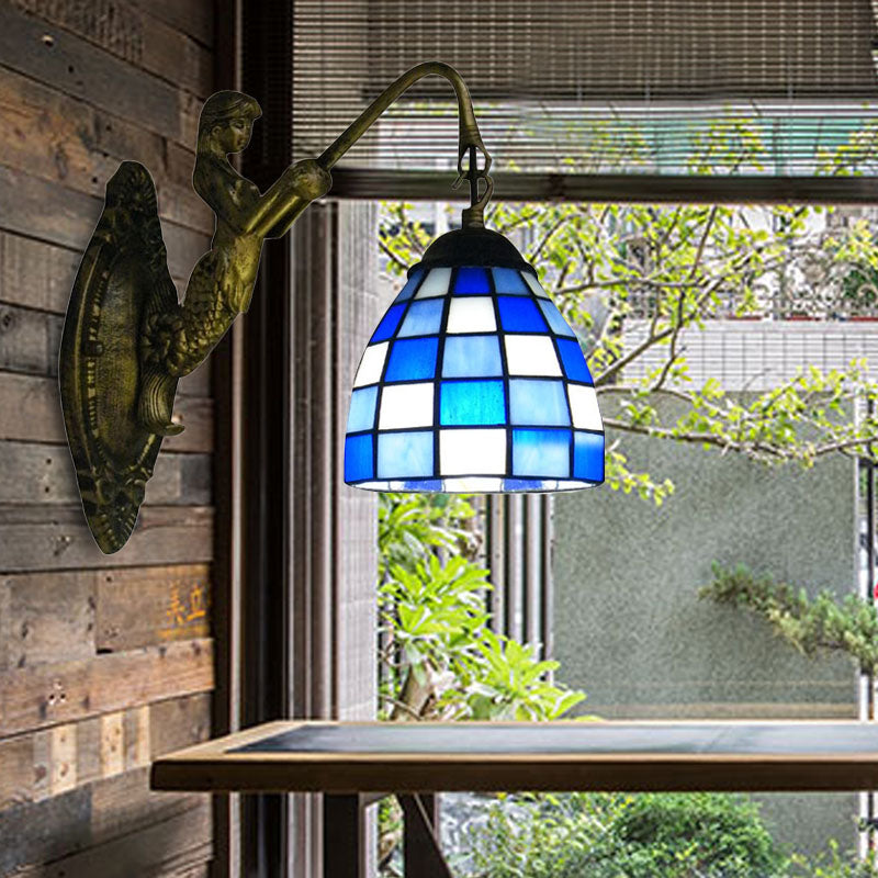 BowLift | 1 Main Element Wall Lamp Tiffany Grid Pattern Blue/Green Glass Wall Lamp for Hallway