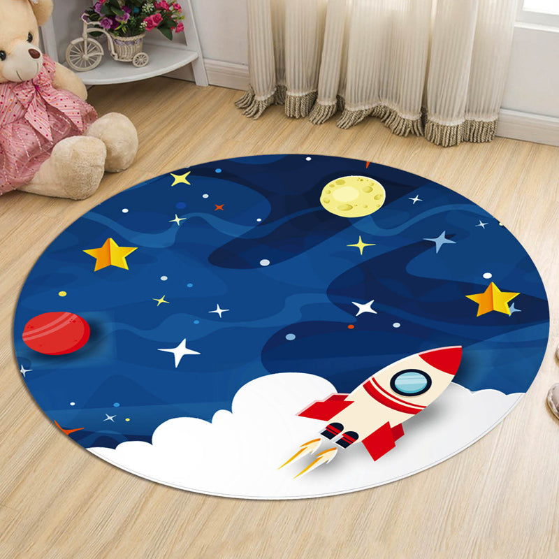 BowLift | Dark Blue Children's Carpet Polyester Spaceships and Stars Pattern Carpet Pet Friendly Washable Nonslip Rug for Decoration