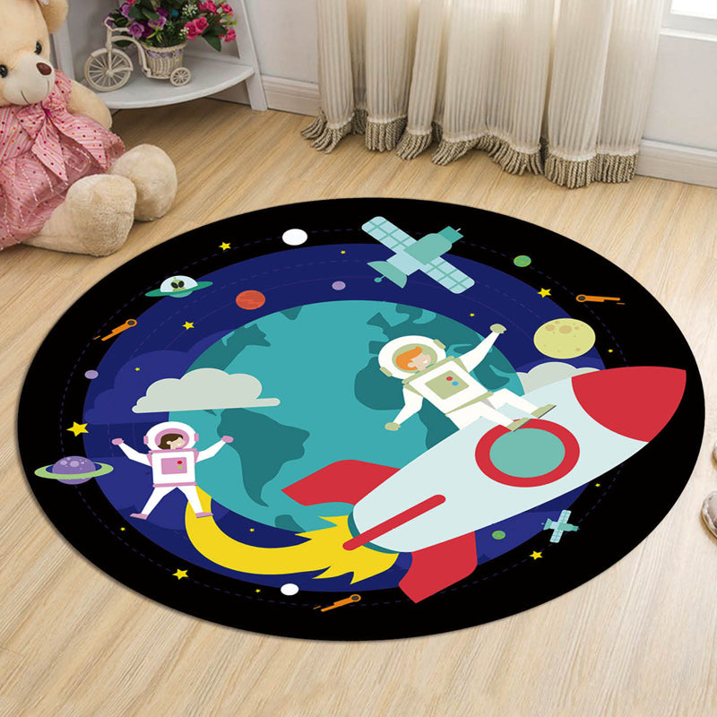 BowLift | Dark Blue Children's Carpet Polyester Spaceships and Stars Pattern Carpet Pet Friendly Washable Nonslip Rug for Decoration