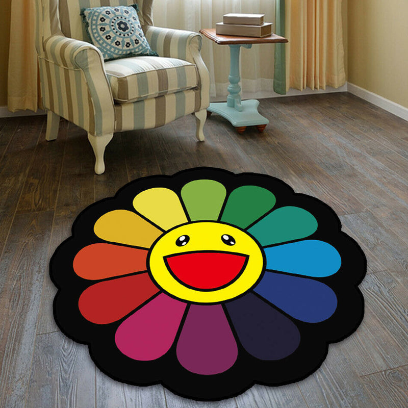 BowLift | Colorful Flower Pattern Rug Black Multicolor Kids Rug Polyester Pet Friendly Washable Area Rug for Kids Room