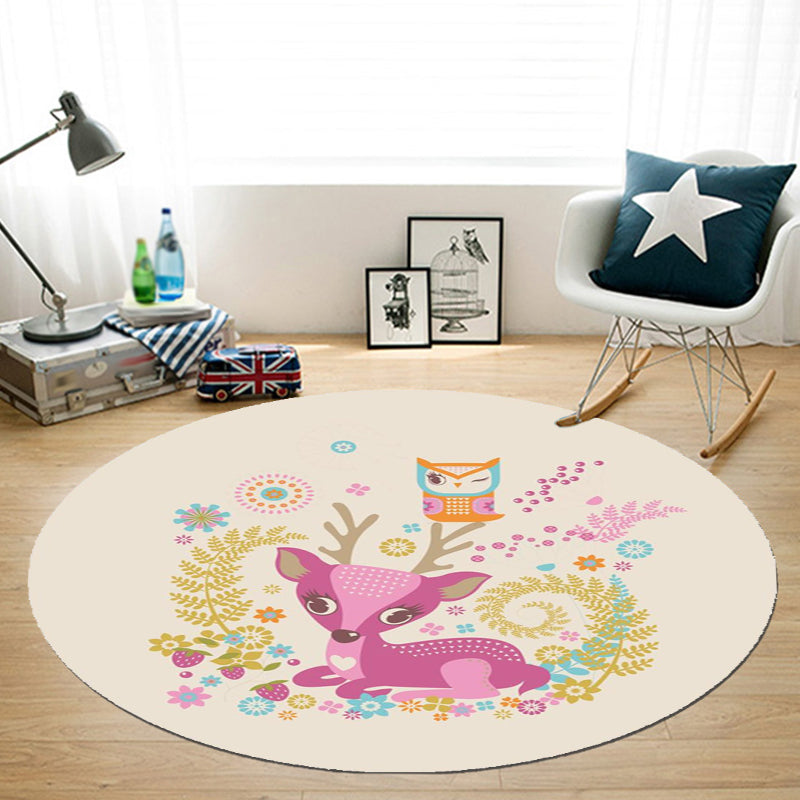 BowLift | Beautiful Cartoon Animal Pattern Rug Beige and Red Kids Rug Polyester Pet-Friendly Washable Area Rug for the Children's Room