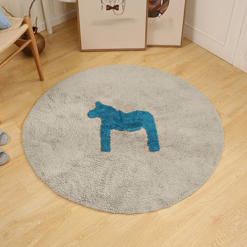 BowLift | Children's horse pattern rug Blue and Khaki Cotton rug Washable Pet-friendly Non-slip rug for the children's room