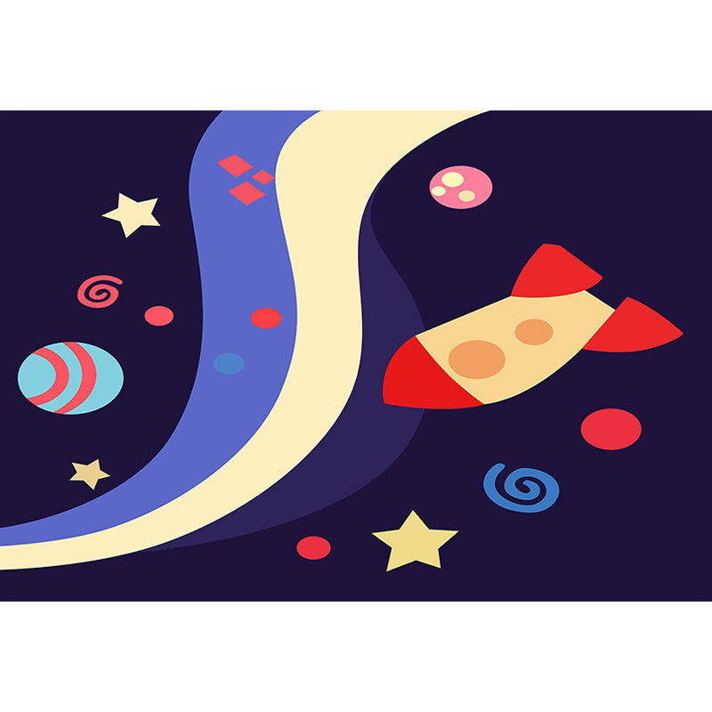 BowLift | Children's Spaceship Pattern Rug with Planet Dark Blue Polyester Rug Washable Pet-Friendly Non-Slip Rug for the Children's Room