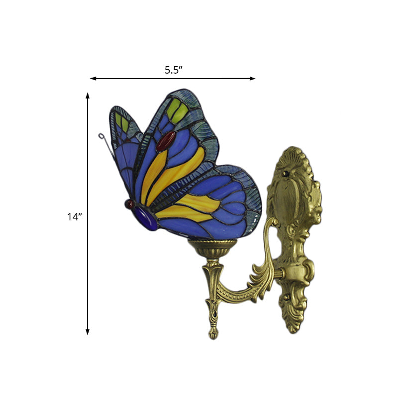 BowLift | Brass Finish Butterfly Wall Lighting Fixture Lodge Stained Glass 1-Bulb Wall Lighting in Red/Blue