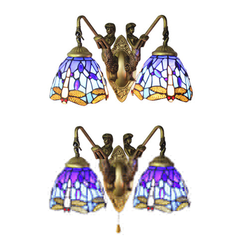 BowLift | Blue Glass Dragonfly Wall Lamp Tiffany 2 Heads Brass Wall Lamp with/without Pull Chain