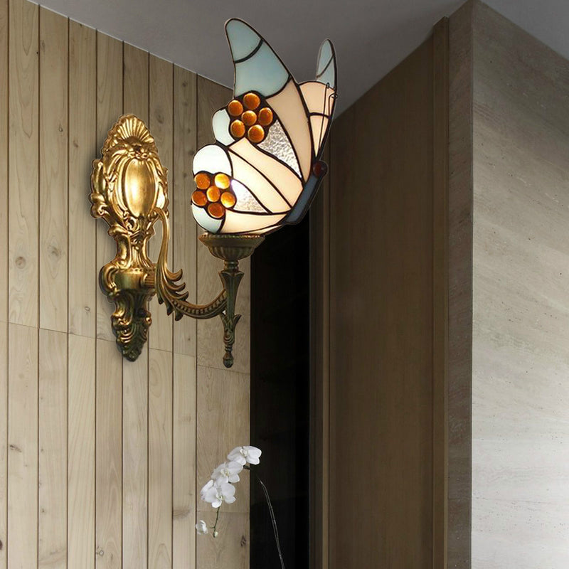 BowLift | Blue butterfly wall lamp in lodge style with art glass 1 light wall lamp for the kitchen
