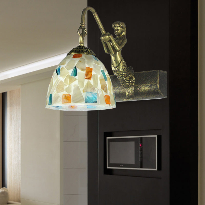BowLift | Bowl Wall Lamp Fixture Tiffany Shell 1 Head White Sconce Lamp Fixture with Mermaid Back Plate