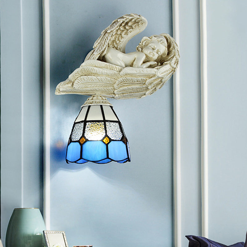 BowLift | Stained Glass Dome Wall Light with Resin Angel Loft Tiffany 1 Light Concealed Lamp in White/Clear