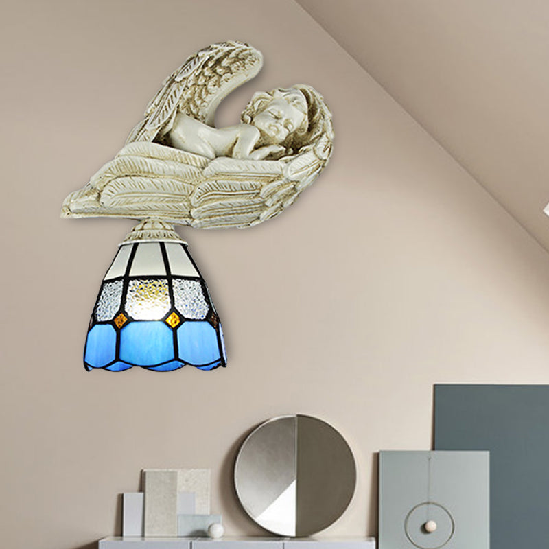 BowLift | Stained Glass Dome Wall Light with Resin Angel Loft Tiffany 1 Light Concealed Lamp in White/Clear