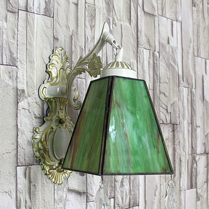 BowLift | Geometric Wall Lamp Tiffany Style Stained Glass 1 Light Wall Lamp Fixture with Leaf Pendant in Amber/Green/Clear