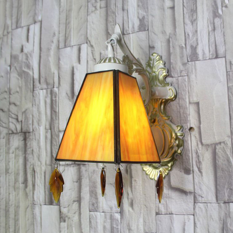 BowLift | Geometric Wall Lamp Tiffany Style Stained Glass 1 Light Wall Lamp Fixture with Leaf Pendant in Amber/Green/Clear