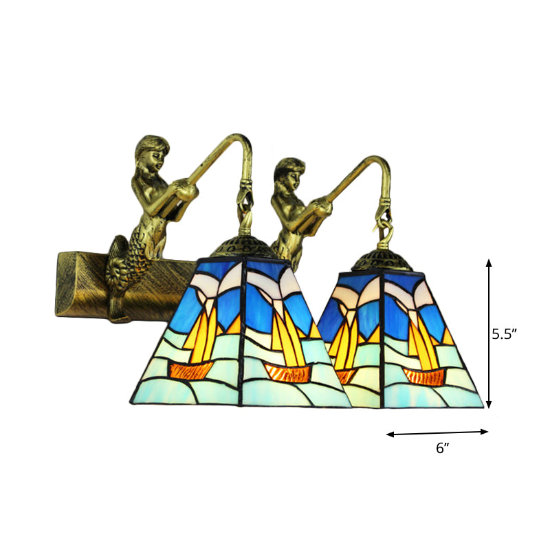 BowLift | Blue Glass Sailboat Wall Light Mediterranean 2 Heads Antique Brass Wall Mounted Lighting