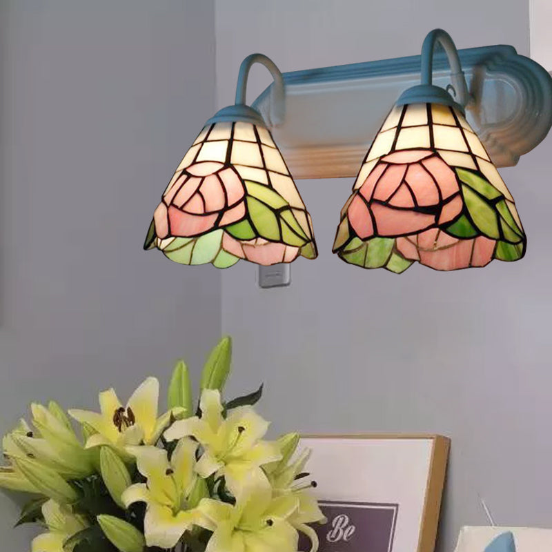 BowLift | Pink Rose Wall Mounted Light Victorian 2 Heads Multicolor Stained Glass Wall Lamp
