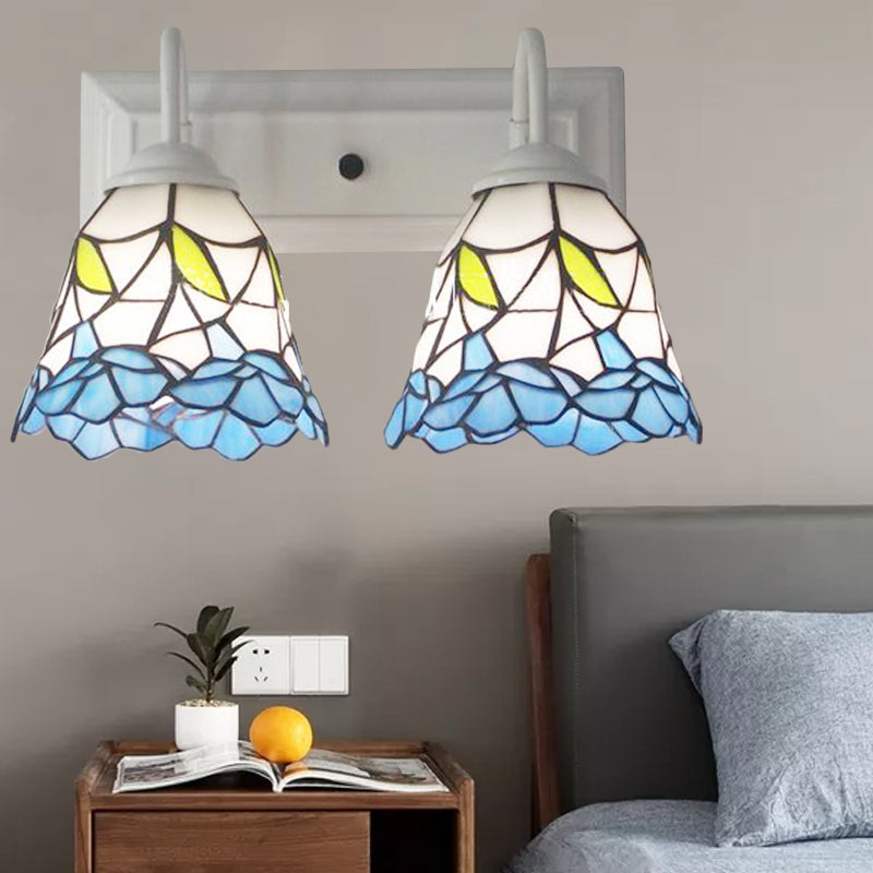 BowLift | 2 Heads Flared Wall Lighting Tiffany Blue Stained Glass Wall Lamp for Bedroom
