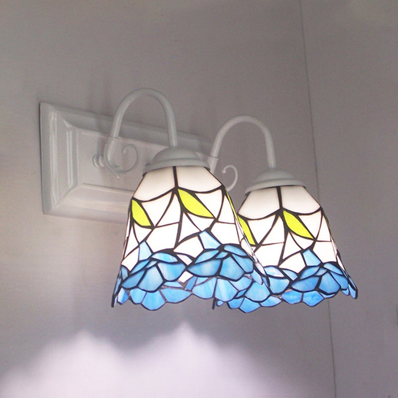 BowLift | 2 Heads Flared Wall Lighting Tiffany Blue Stained Glass Wall Lamp for Bedroom