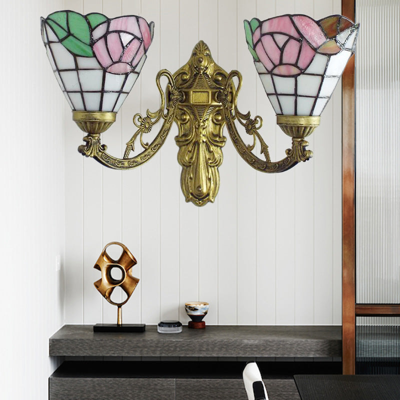 BowLift | Stained Glass Wall Lamp Living Room 2 Lights Rustic Country Style Wall Lighting in Orange/Pink/Blue/Beige for Library