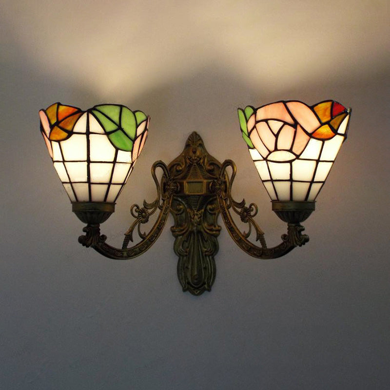 BowLift | Stained Glass Wall Lamp Living Room 2 Lights Rustic Country Style Wall Lighting in Orange/Pink/Blue/Beige for Library