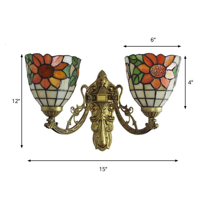 BowLift | Stained Glass Sunflower Wall Lamp Lodge Tiffany 2 Lights Wall Lamp in Green/Beige for Living Room