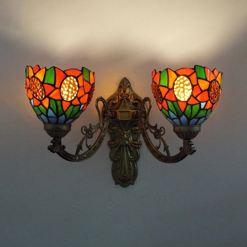 BowLift | Stained Glass Sunflower Wall Lamp Lodge Tiffany 2 Lights Wall Lamp in Green/Beige for Living Room