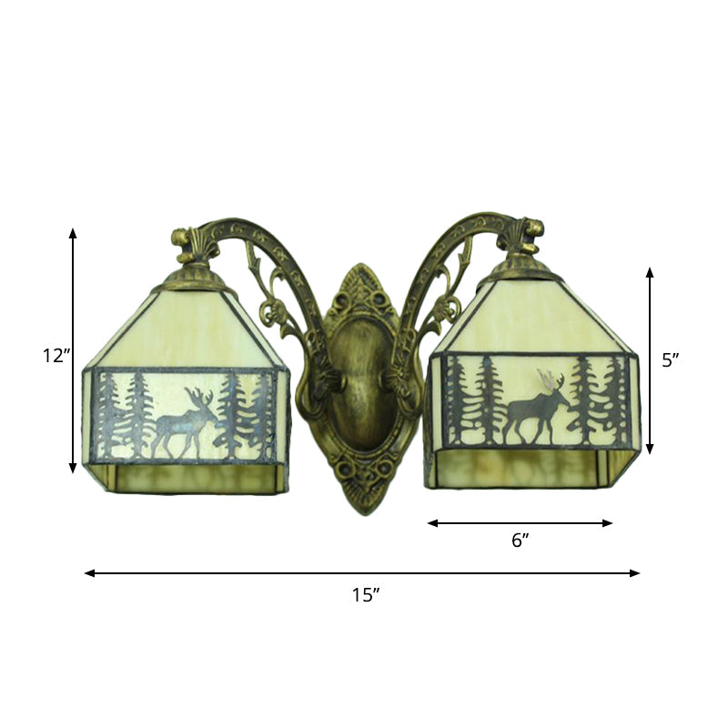BowLift | 2 Heads Deer Wall Lamp with Carved Arm Lodge Stained Glass Wall Lighting in Beige for Hallway