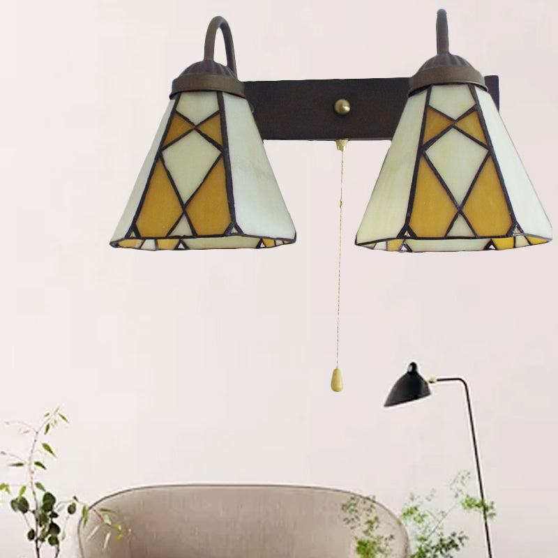 BowLift | Conical Stained Glass Wall Light Fixture Tiffany 2 Heads Blue/Orange Wall Lamp with Pull Chain