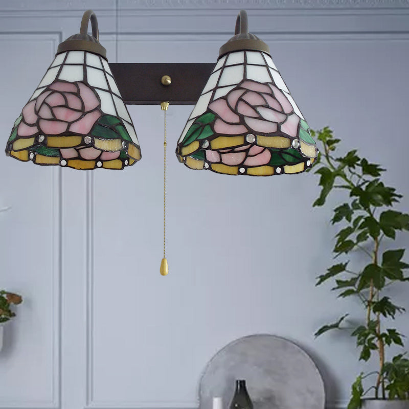 BowLift | Pink Wall-Mounted Light Victorian Anodized Glass 2 Heads Pink Wall Lamp with Pull Switch