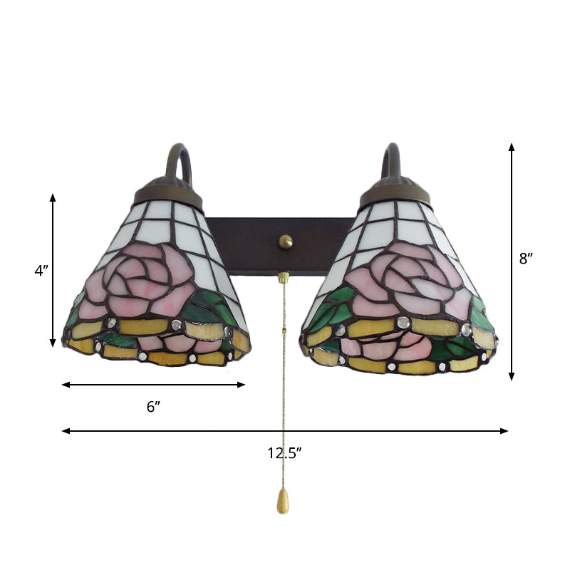 BowLift | Pink Wall-Mounted Light Victorian Anodized Glass 2 Heads Pink Wall Lamp with Pull Switch