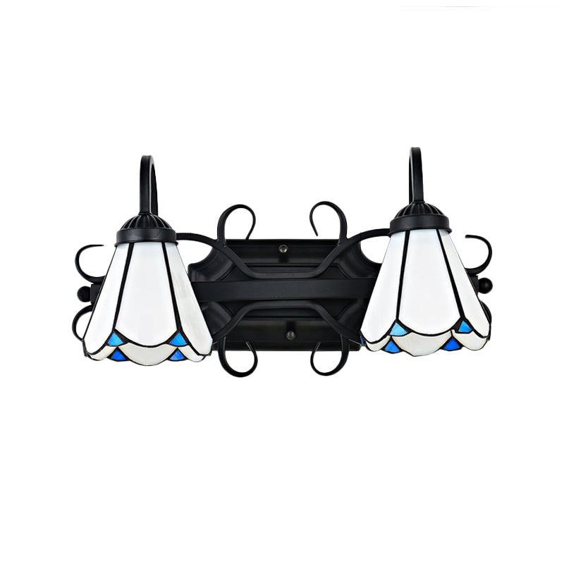 BowLift | White Glass Conical Wall Lamp Vintage Style 2 Lights Bedroom Wall Lighting in Black for Entrance