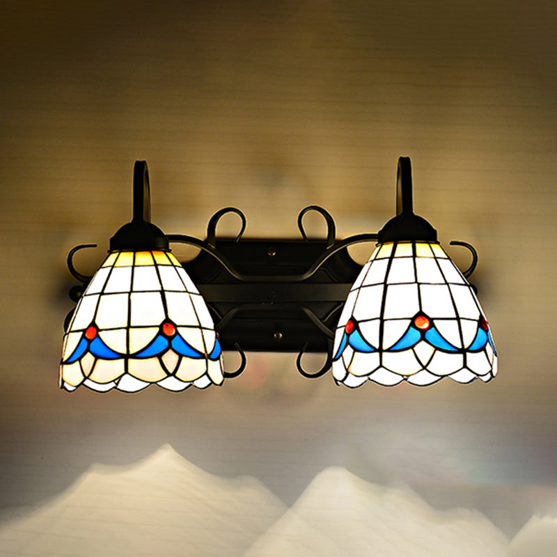 BowLift | Stained Glass Magnolia Wall Lighting Rustic Retro Style 2 Lights Sconce Lamp in Black for Bathroom
