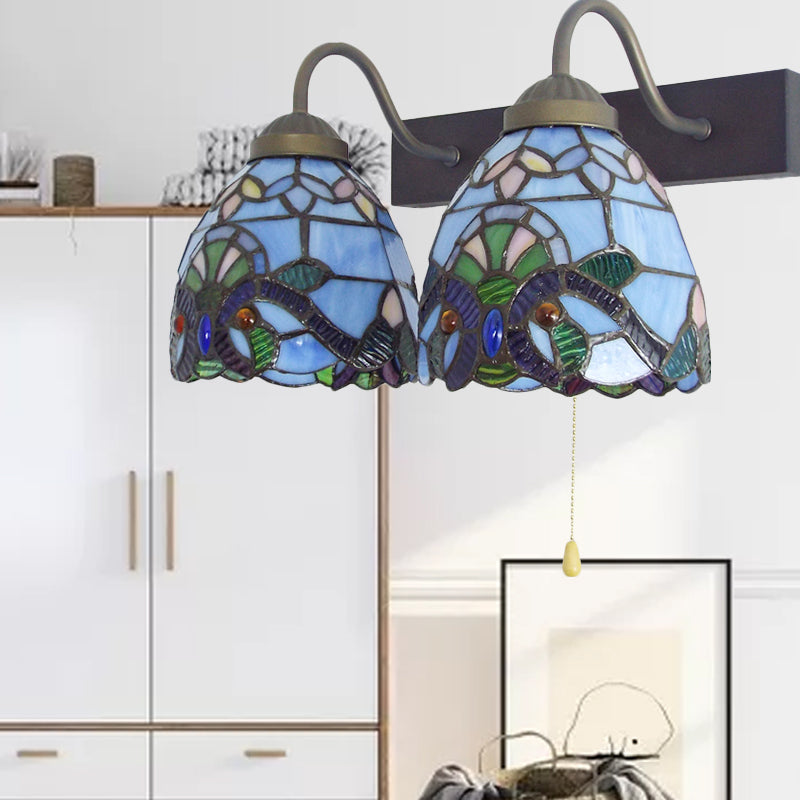 BowLift | 2 Heads Bowl Wall Light Baroque Blue Glass Wall Lamp with Pull Switch