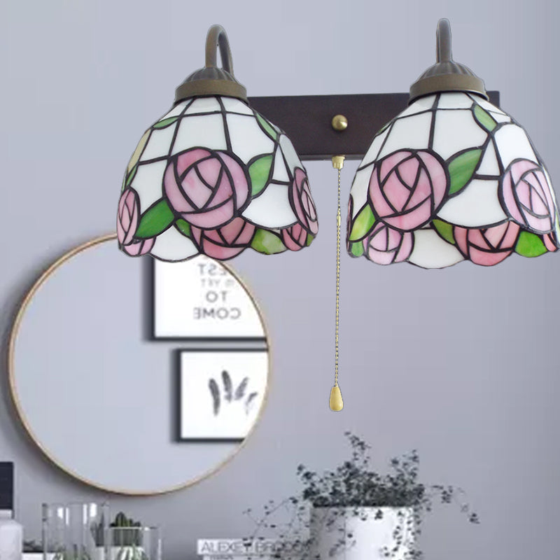 BowLift | Pink Wall Lamp Victorian Stained Glass 2 Heads Black Wall Lamp with Pull Switch