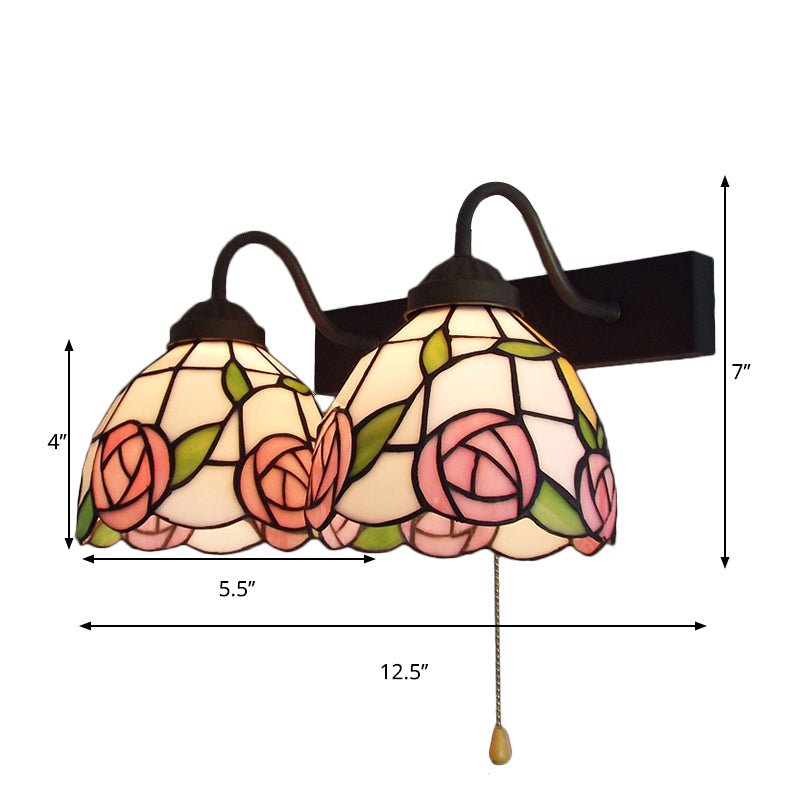 BowLift | Pink Wall Lamp Victorian Stained Glass 2 Heads Black Wall Lamp with Pull Switch