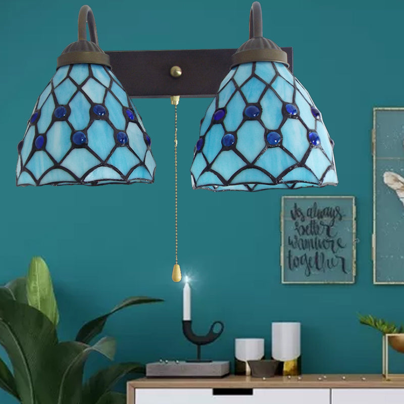 BowLift | Sky Blue Glass Bowl Sconce Light Fixture Mediterranean 1 Head Black Wall Lamp with Pull Chain
