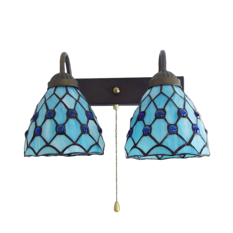 BowLift | Sky Blue Glass Bowl Sconce Light Fixture Mediterranean 1 Head Black Wall Lamp with Pull Chain