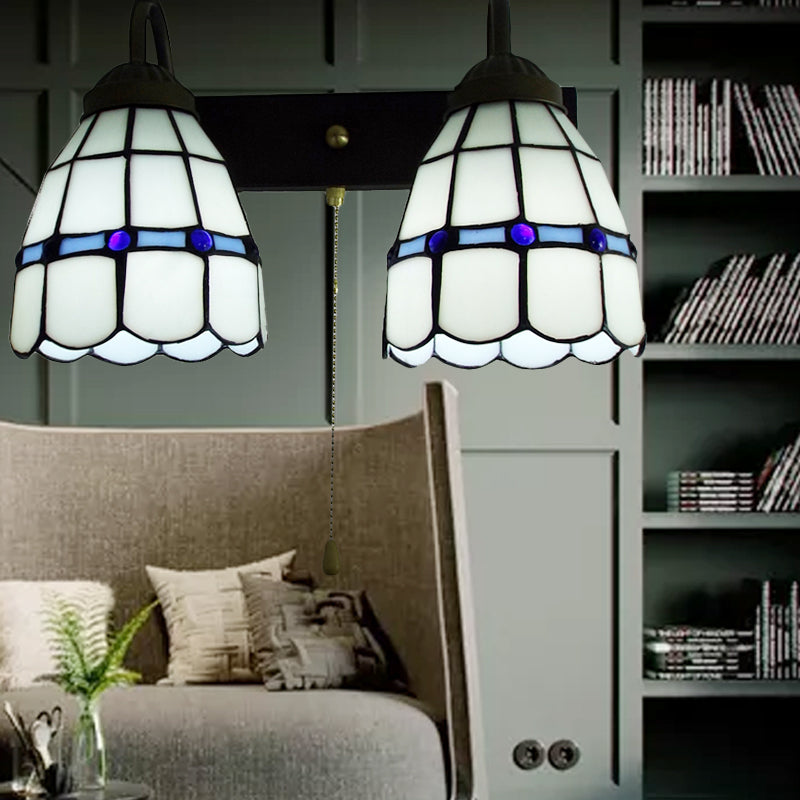 BowLift | 1 Head Wall Light Tiffany Grid Pattern White Glass Wall Mounted Light with Pull Chain