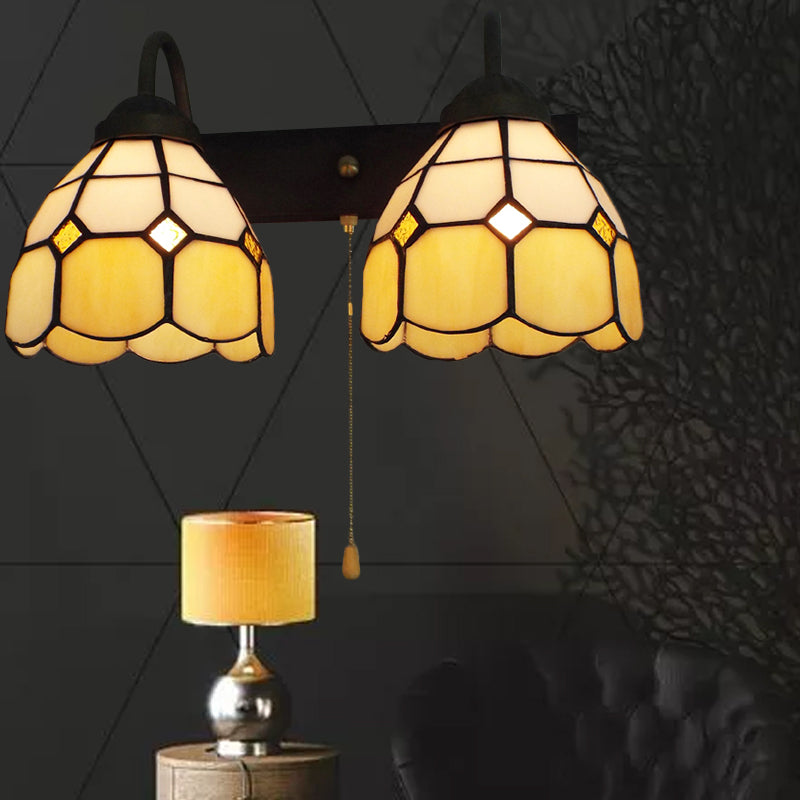 BowLift | Dome Beige Glass Wall Lamp Fixture Tiffany 2 Heads Black Wall Lamp Lighting with Pull Chain Switch
